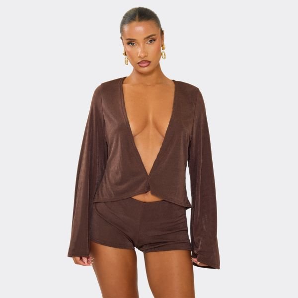EGO Flared Long Sleeve Plunge Neck Top In Chocolate Brown, Women's Size UK 6 - 2
