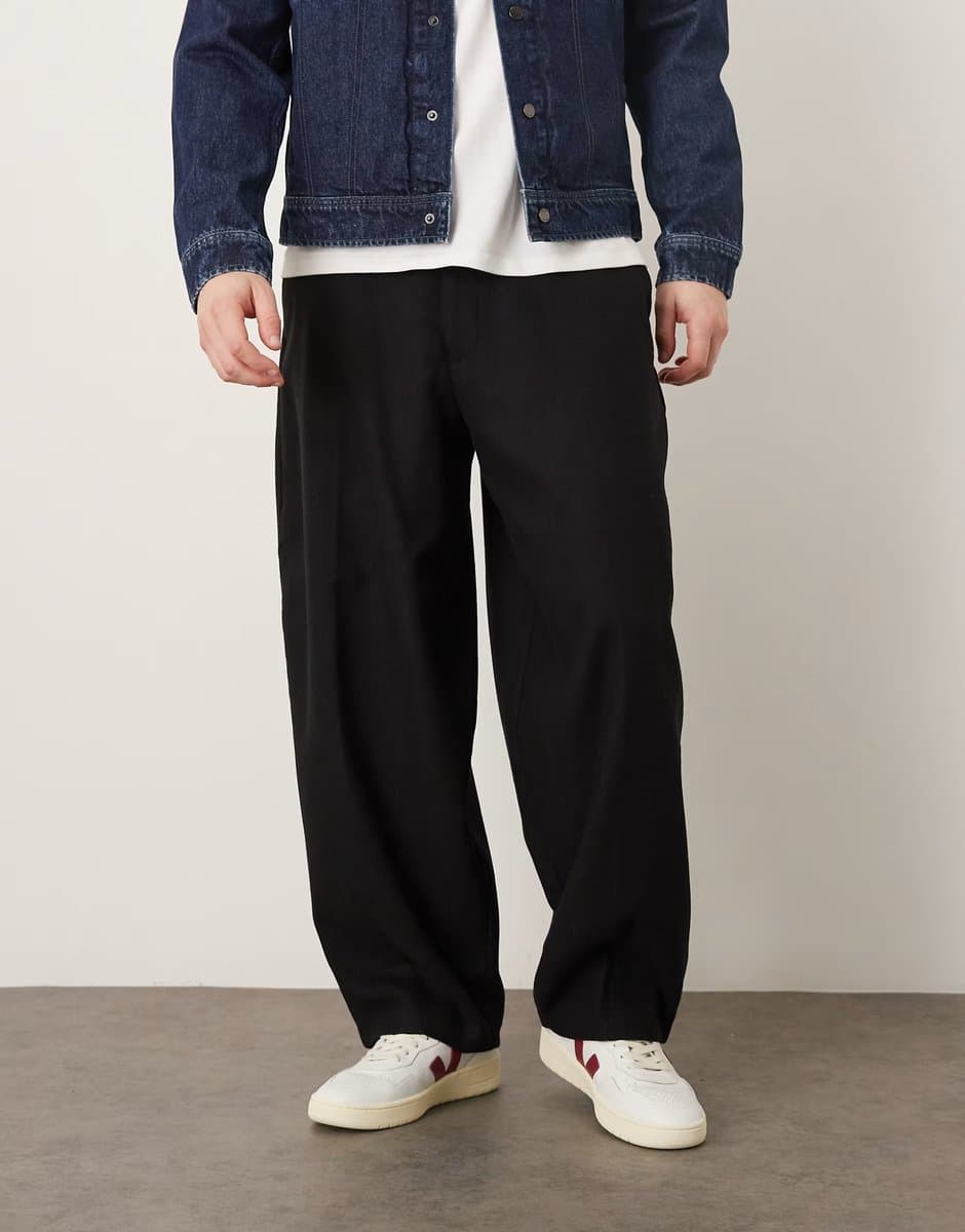 ASOS ASOS DESIGN smart wide barrel leg pleated trouser with wool in black