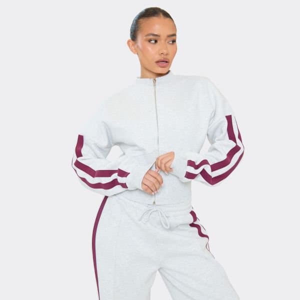 EGO CONTRAST PANEL DETAIL CINCHED WAIST ZIP UP JACKET IN GREY, Women's Size UK 6