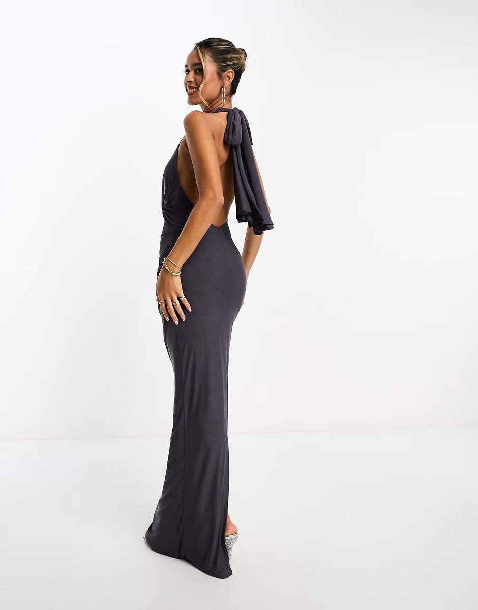 ASOS ASOS DESIGN mesh twist bust detail halter maxi dress with tie back neck in charcoal grey - 3