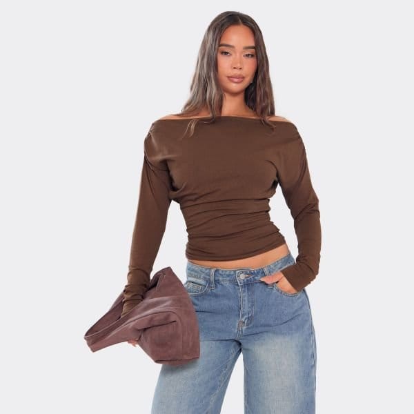 EGO Bardot Long Sleeve Ruched Cinched Waist Top In Chocolate Brown, Women's Size UK 8 - 1