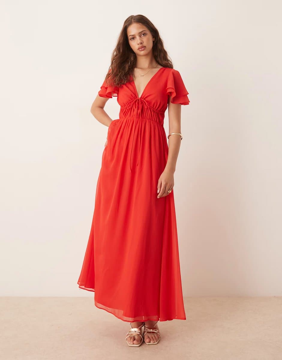 ASOS ASOS DESIGN v neck angel sleeve cut out maxi dress in red