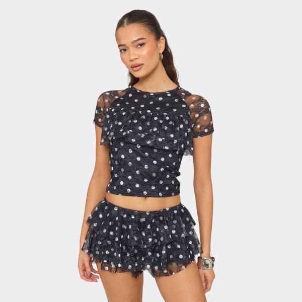 EGO Short Sleeve Frilly T-Shirt In Black Polka Dot Lace, Women's Size UK 6