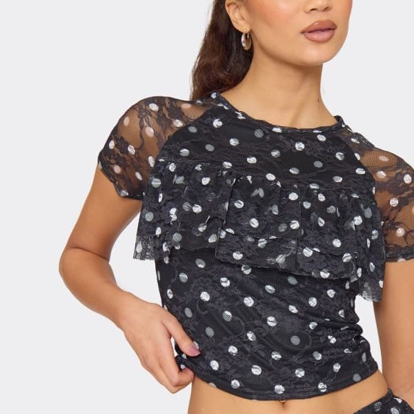 EGO Short Sleeve Frilly T-Shirt In Black Polka Dot Lace, Women's Size UK 6 - 2