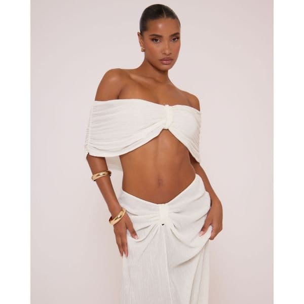 EGO Bardot Knot Front Detail Ruched Crop Top In White, Women's Size UK 10 - 2