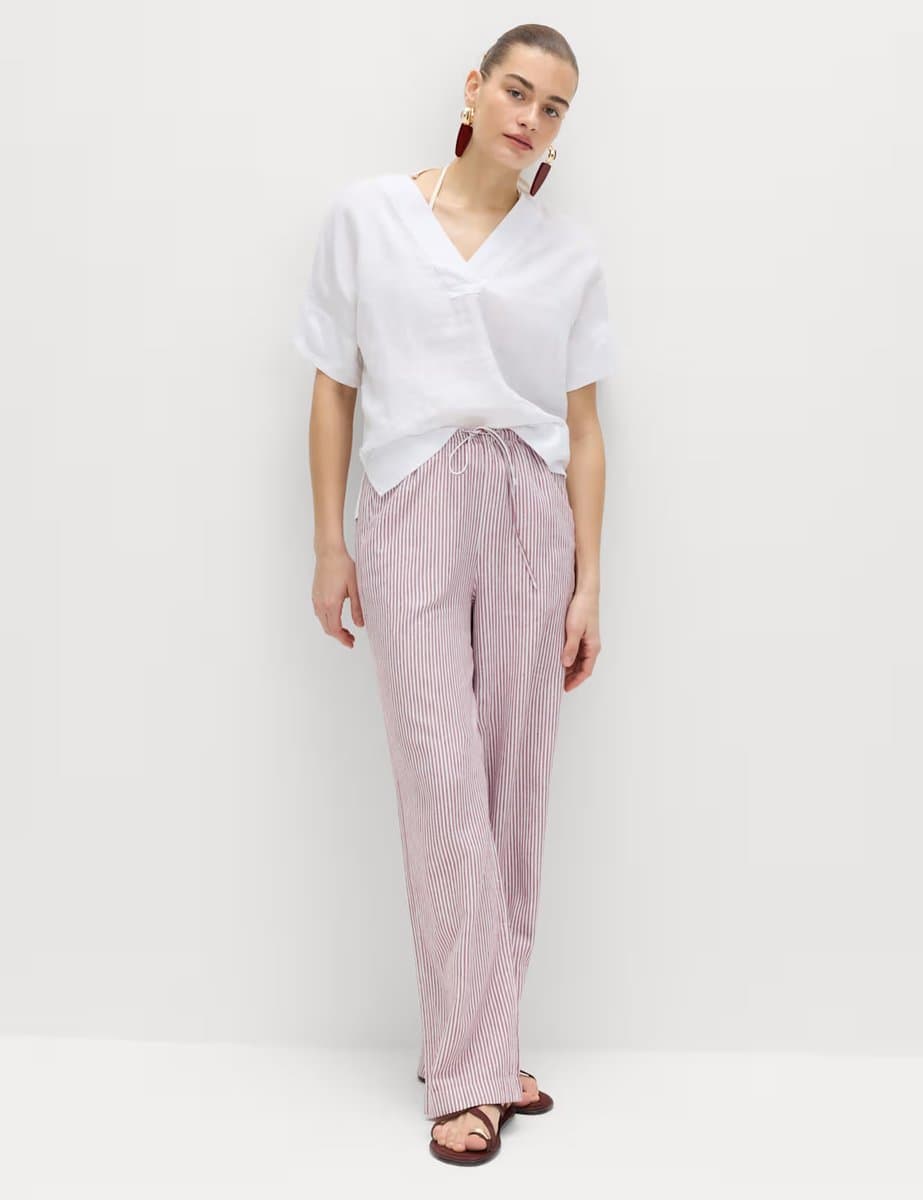 Marks & Spencer M&S Linen Blend Wide Leg Trousers Raspberry Mix