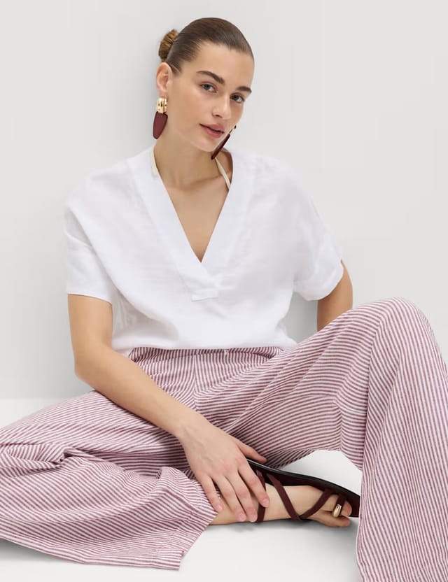 Marks & Spencer M&S Linen Blend Wide Leg Trousers Raspberry Mix - 3