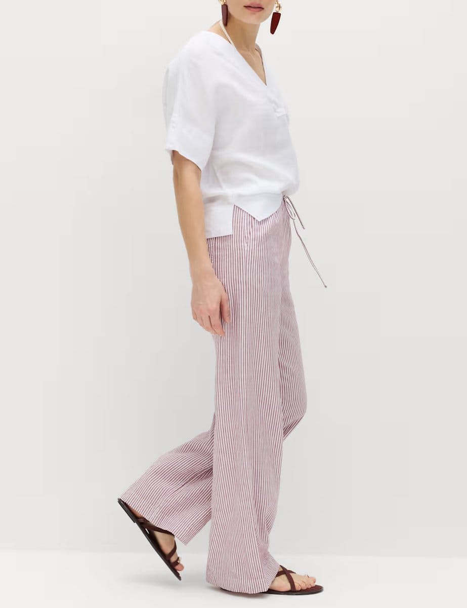 Marks & Spencer M&S Linen Blend Wide Leg Trousers Raspberry Mix - 4
