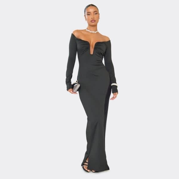 EGO Bardot Long Sleeve Plunge Detail Maxi Dress In Black, Women's Size UK 6