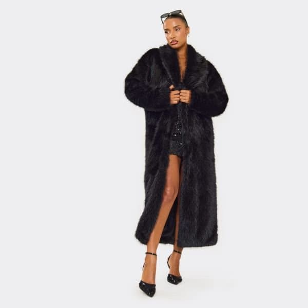 EGO Oversized Maxi Coat In Black Faux Fur, Women's Size UK 4
