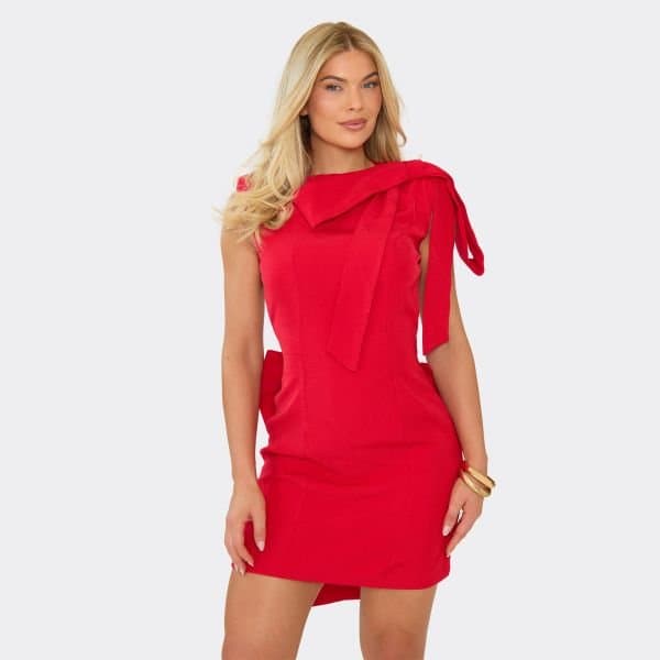 EGO Sleeveless Oversized Bow Detail Open Back Mini Dress In Red, Women's Size UK 6