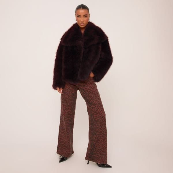 EGO Oversized Collar Coat In Burgundy Red Faux Fur, Women's Size UK Medium/Large M/L - 2