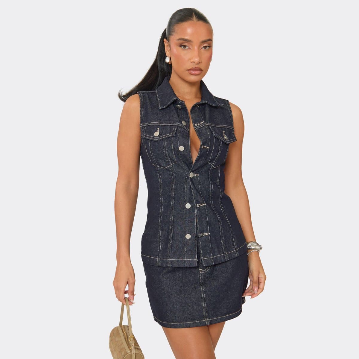 EGO Sleeveless Button Front Longline Top In Dark Indigo Denim, Women's Size UK 6