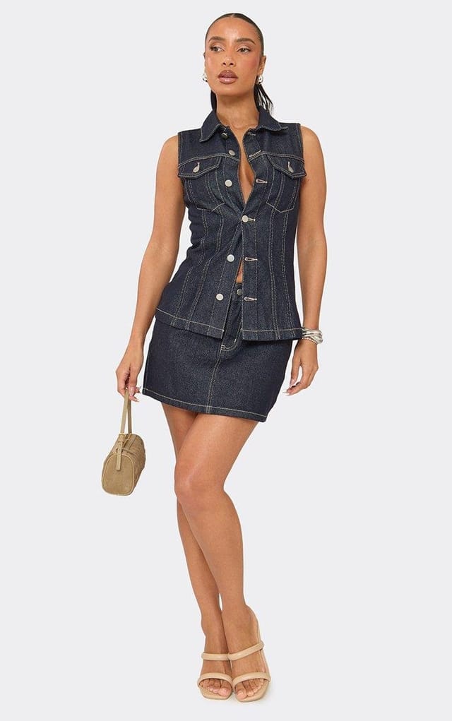 EGO Sleeveless Button Front Longline Top In Dark Indigo Denim, Women's Size UK 6 - 2