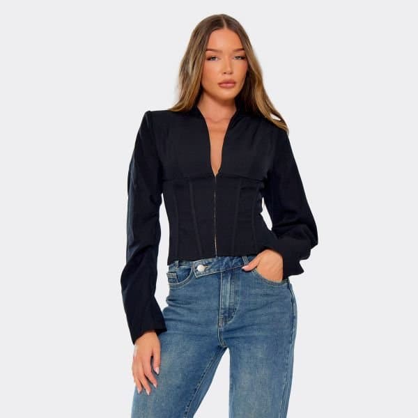 EGO Long Sleeve Hook And Eye Corset Detail Blazer In Black, Women's Size UK 6