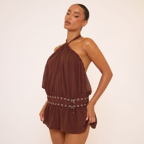 EGO Halterneck Low Back Eyelet Belt Mini Dress In Brown, Women's Size UK 4