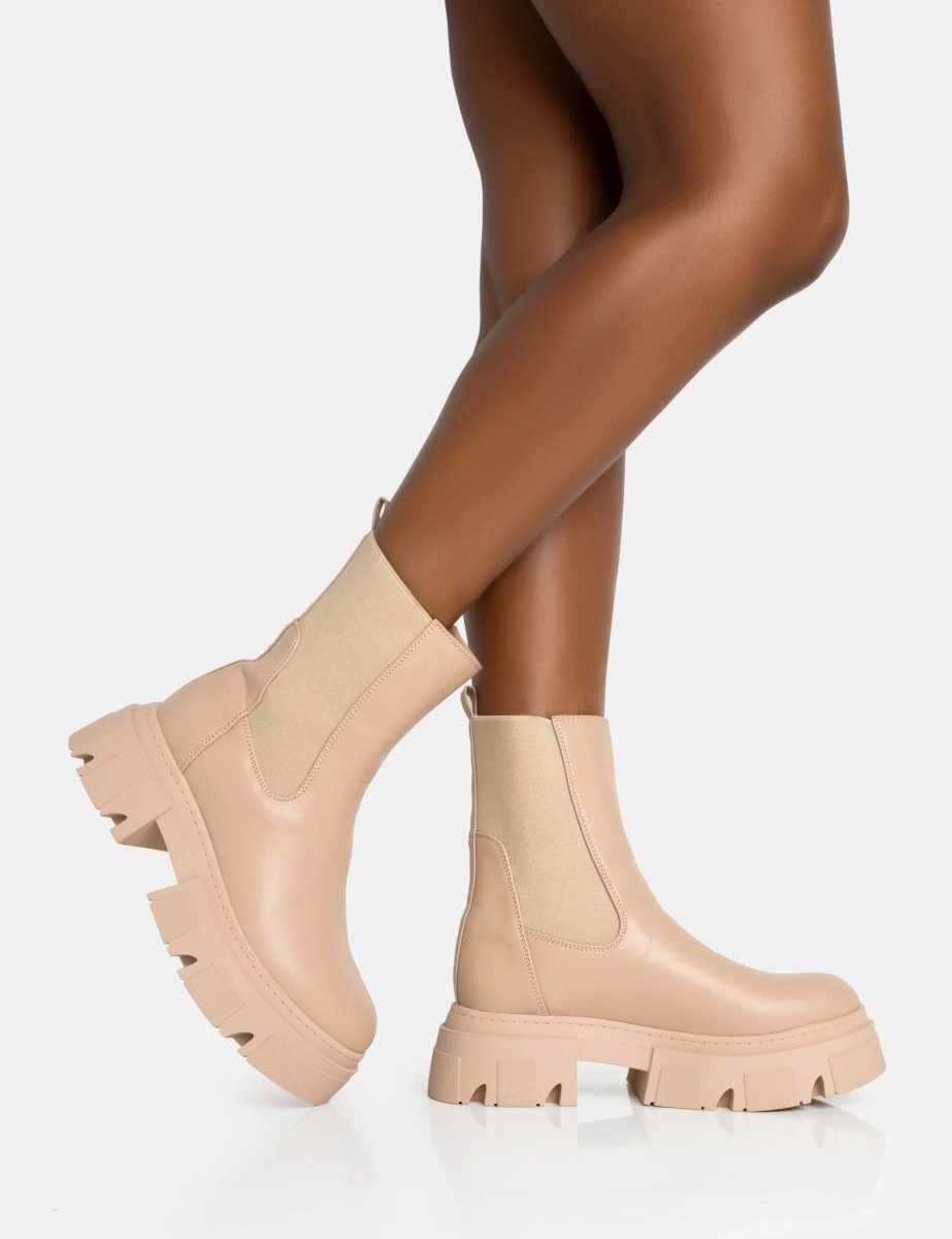 Public Desire Edgy Taupe Pu Elasticated Ankle Rounded Chunky Sole Ankle Boots - 3