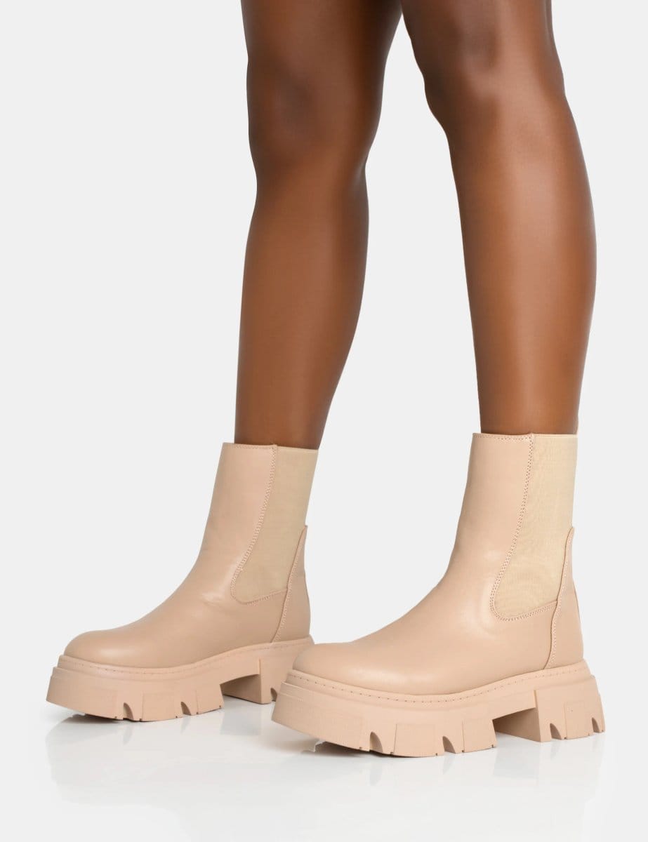 Public Desire Edgy Taupe Pu Elasticated Ankle Rounded Chunky Sole Ankle Boots - 4