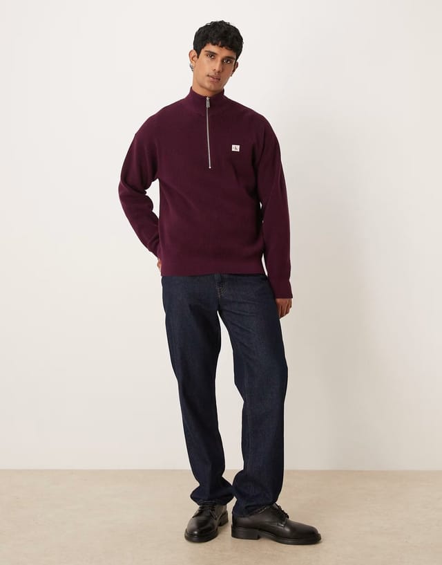 ASOS Calvin Klein Jeans waffle quarter zip jumper in plum - 2