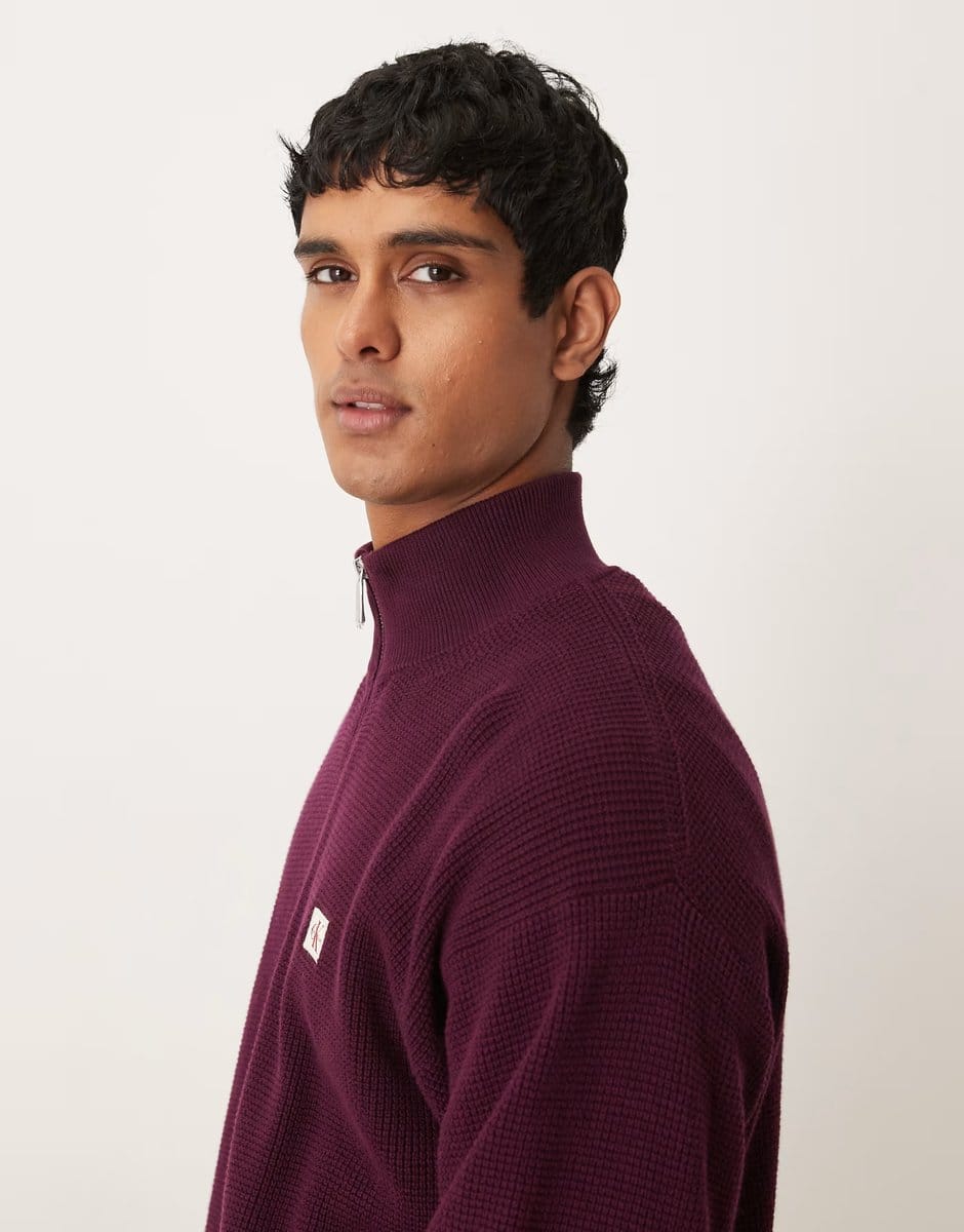 ASOS Calvin Klein Jeans waffle quarter zip jumper in plum - 4