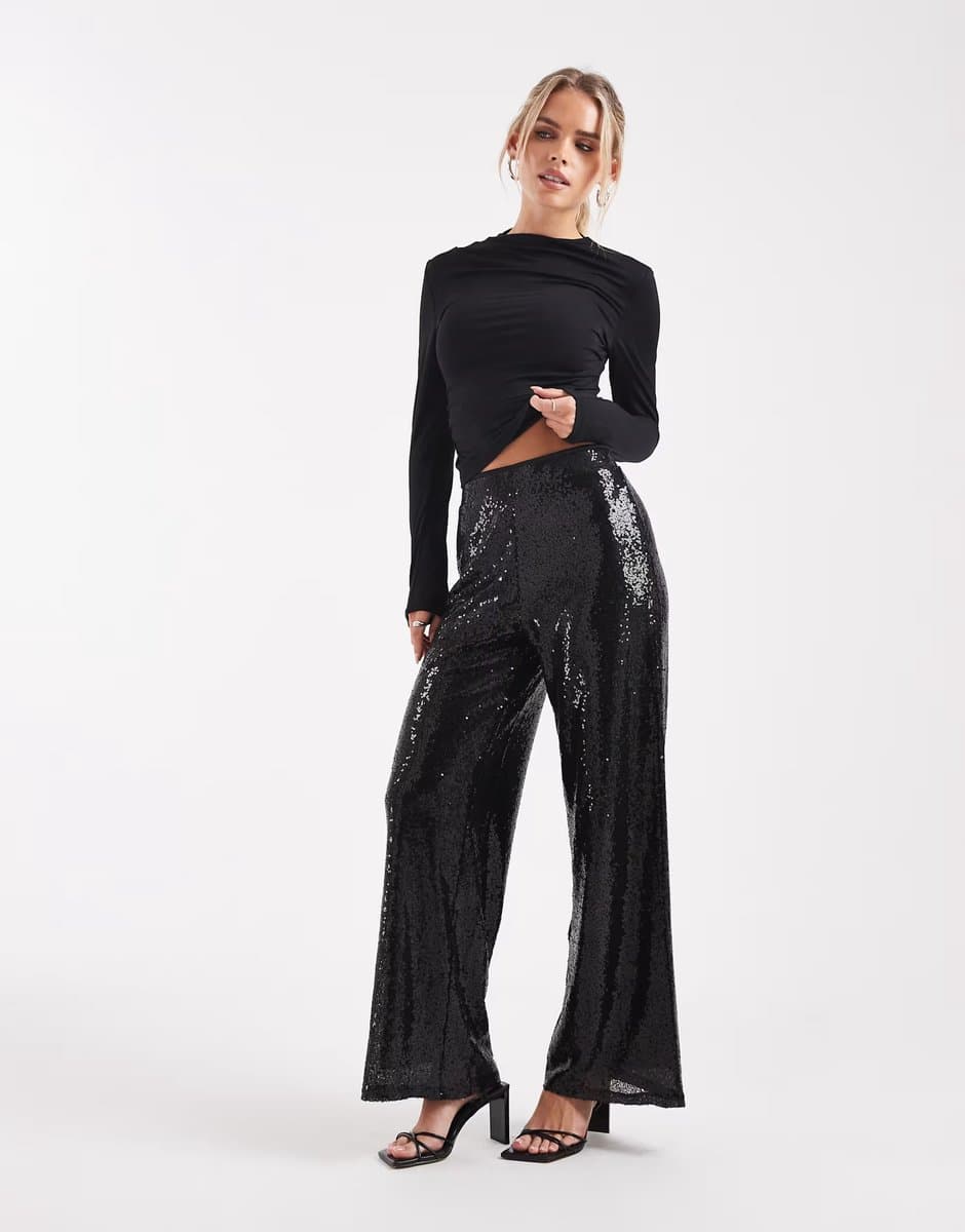 ASOS ONLY Petite high waist pull on sequins trousers in black