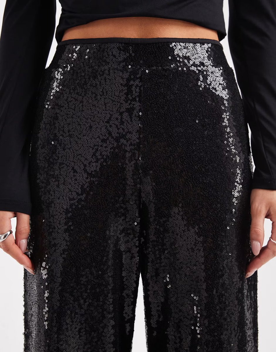 ASOS ONLY Petite high waist pull on sequins trousers in black - 3