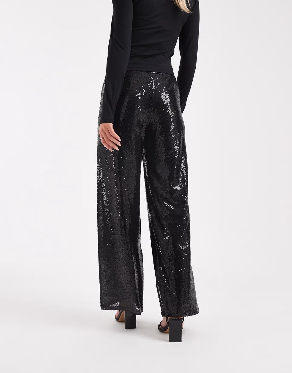 ASOS ONLY Petite high waist pull on sequins trousers in black - 4