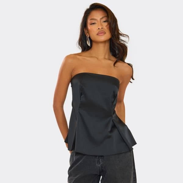 EGO Bandeau Longline Top In Black Satin, Women's Size UK 8
