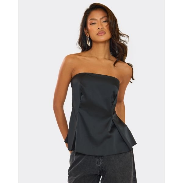 EGO Bandeau Longline Top In Black Satin, Women's Size UK 8 - 2