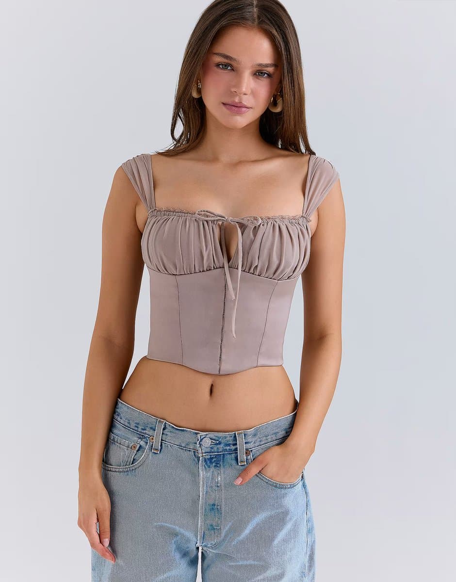 ASOS House of CB Anja mocha georgette cap sleeve corset top in mocha