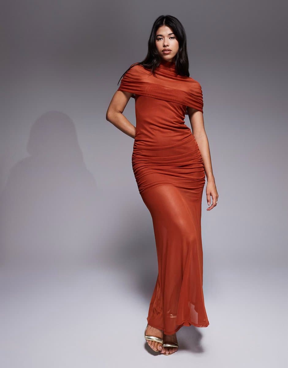 ASOS ASOS DESIGN highneck mesh overlay maxi dress with sheer skirt in rust