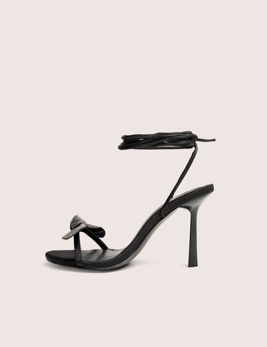 Public Desire Rose Black Embellished Bow Tie Wrap Around Heels