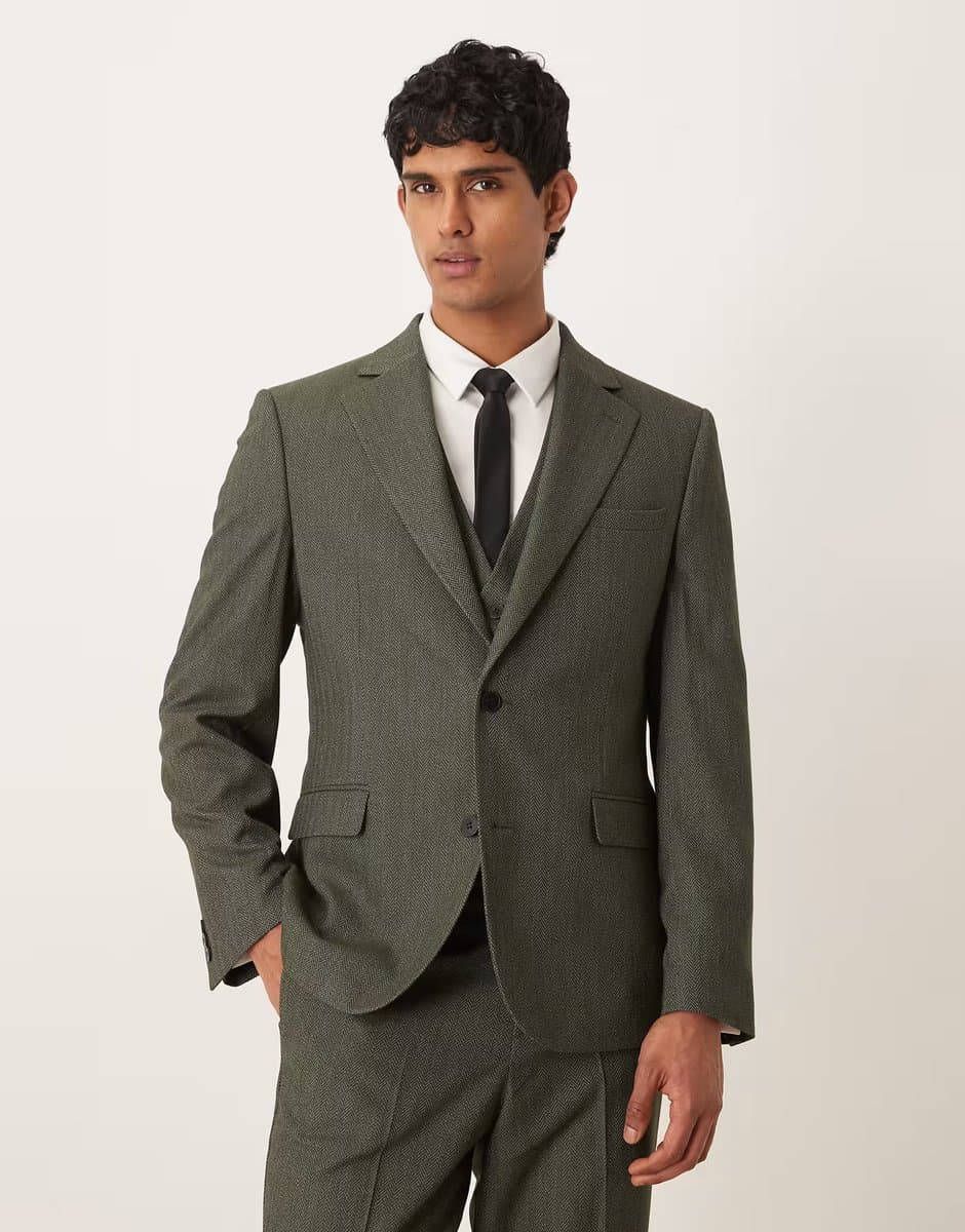 ASOS ASOS DEISGN slim suit jacket in dark green herringbone