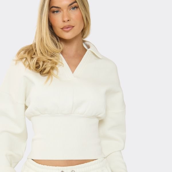 EGO Long Sleeve Polo Detail Cinched Waist Sweatshirt In Cream, Women's Size UK 6 - 2