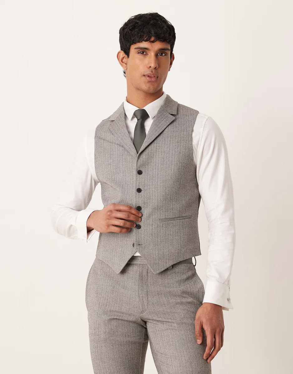 ASOS ASOS DESIGN suit waistcoat in grey herringbone flannel