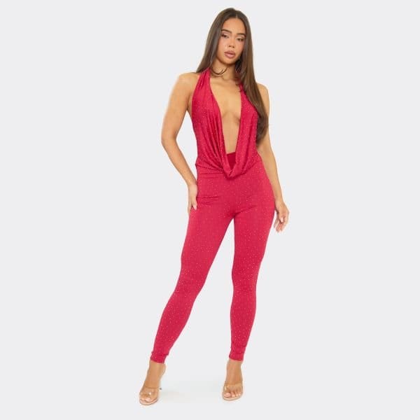 EGO Cowl Neck Hotfix Diamante Detail Jumpsuit In Red, Women's Size UK 6 - 1
