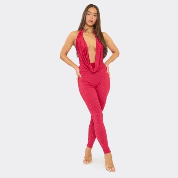 EGO Cowl Neck Hotfix Diamante Detail Jumpsuit In Red, Women's Size UK 6 - 2