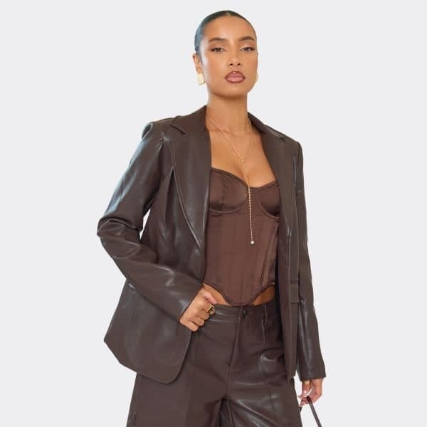 EGO EGO Chocolate Brown Oversized Faux Leather Blazer