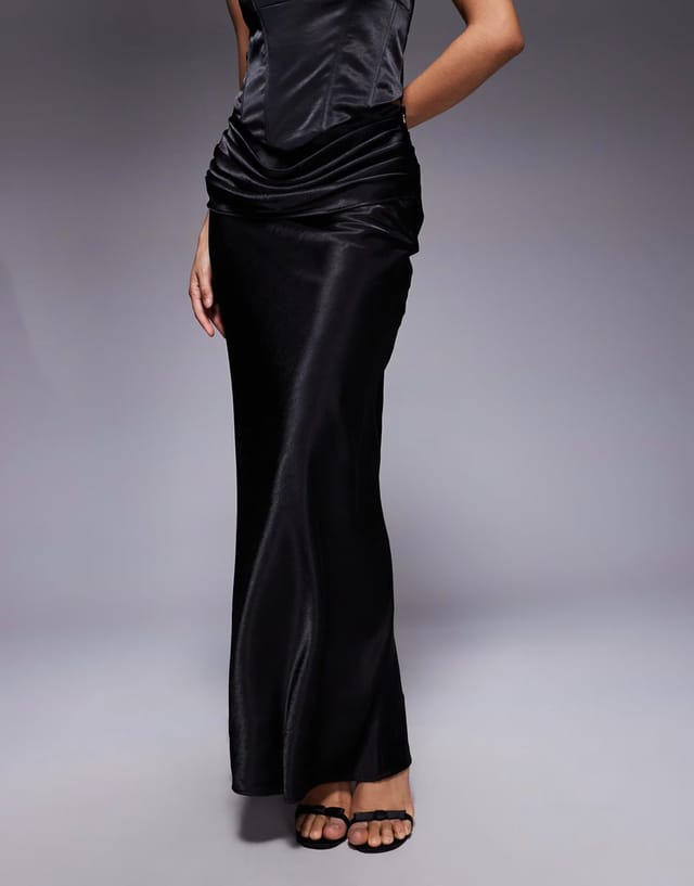 ASOS Wanderdoll Luna satin drape waist maxi skirt co-ord in black - 2