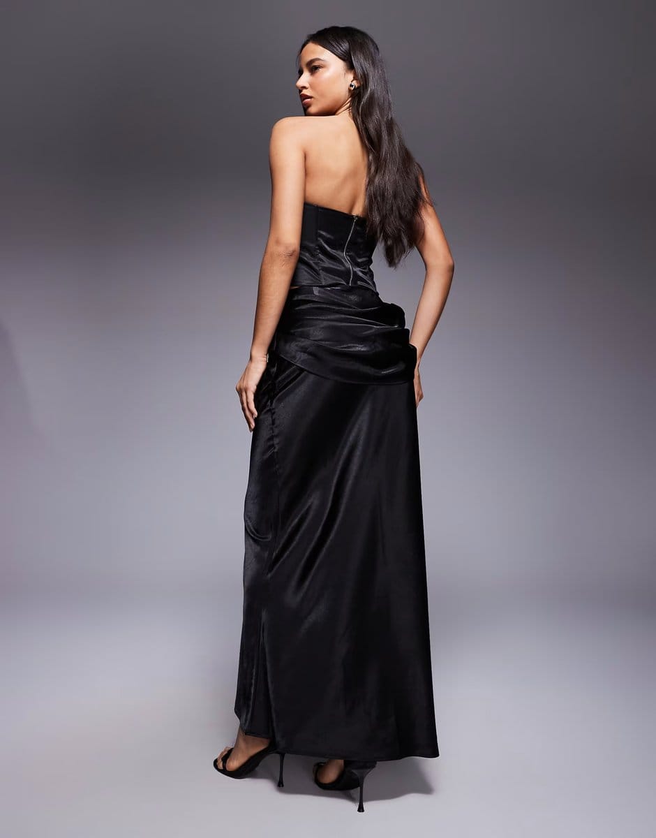 ASOS Wanderdoll Luna satin drape waist maxi skirt co-ord in black - 4