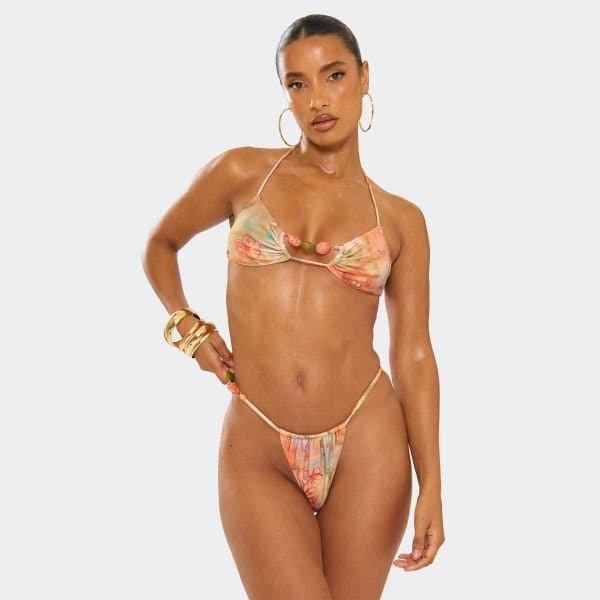 EGO Chunky Beaded Detail Split Leg Maxi Skirt In Multi Abstract Print, Women's Size UK 6