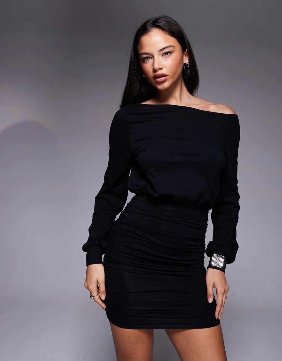ASOS Fashionkilla exclusive cotton rich off shoulder ruched skirt long sleeve mini dress in black