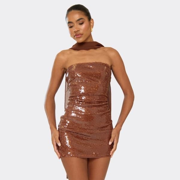 EGO Bandeau Neck Scarf Detail Mini Dress In Chocolate Brown Sequin, Women's Size UK 8