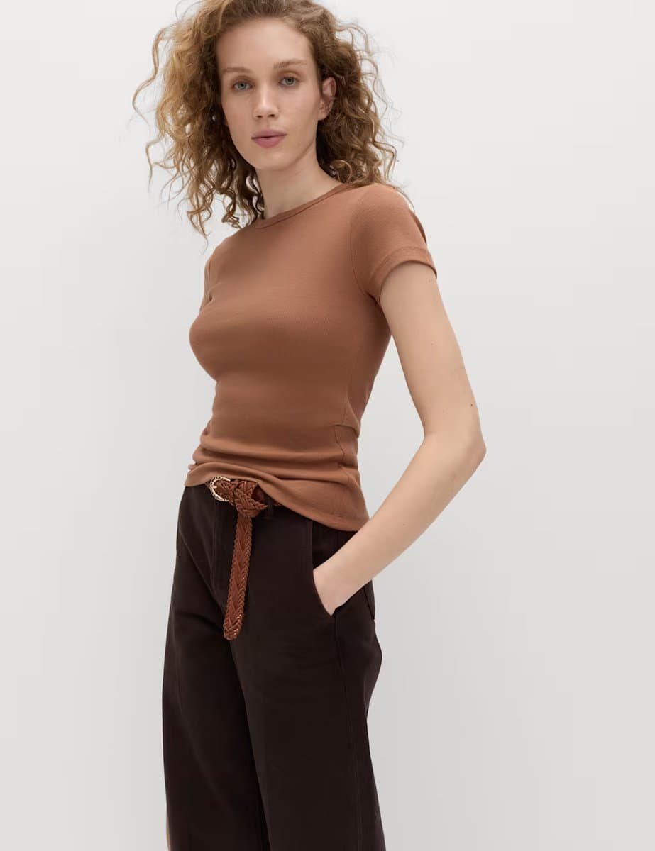 Marks & Spencer M&S Cotton Rich Ribbed Slim Fit T-Shirt Truffle