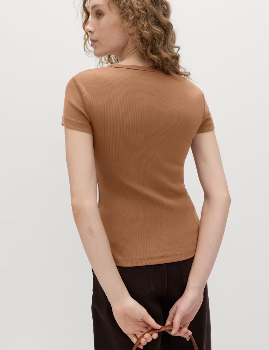 Marks & Spencer M&S Cotton Rich Ribbed Slim Fit T-Shirt Truffle - 4