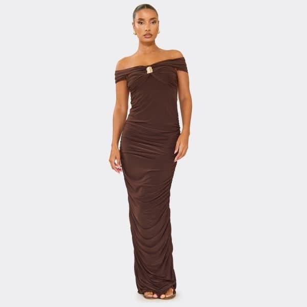 EGO Bardot Ruched Trim Detail Maxi Dress In Chocolate Brown, Women's Size UK 6