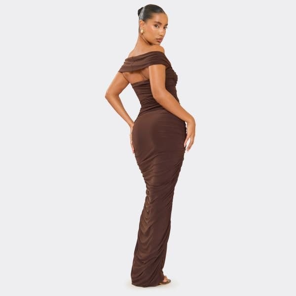 EGO Bardot Ruched Trim Detail Maxi Dress In Chocolate Brown, Women's Size UK 6 - 2