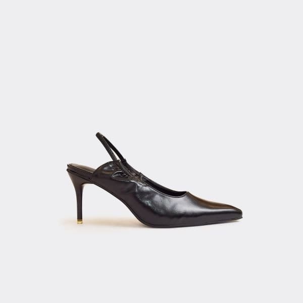 EGO Ganna Pointed Toe Slingback Court Heel In Black Faux Leather, Women's Size UK 8 - 2