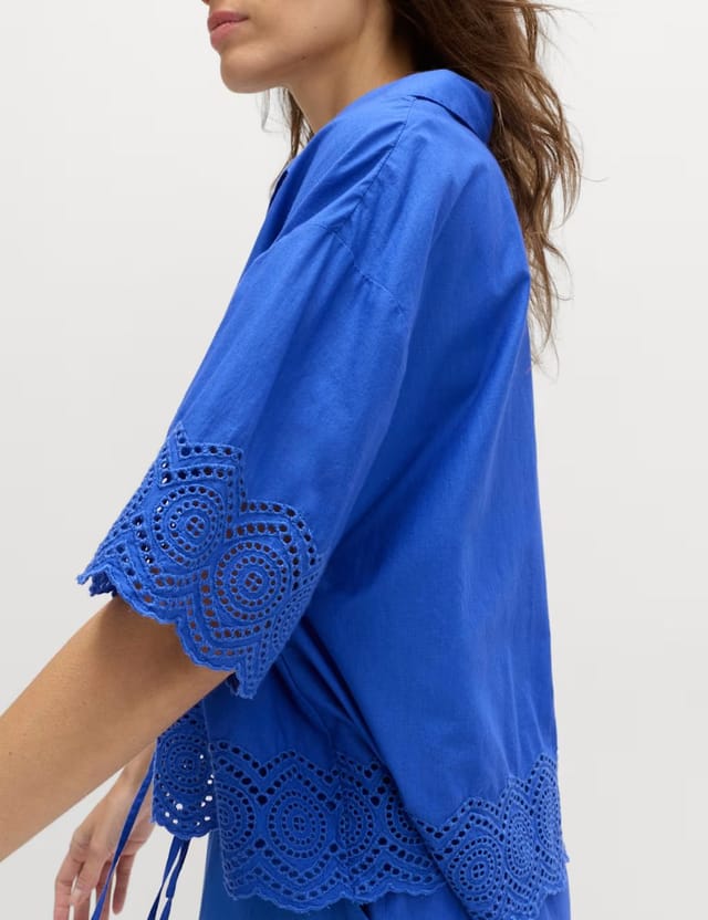 Marks & Spencer M&S Pure Cotton Cutwork Detail Tie Front Beach Shirt Cobalt - 2