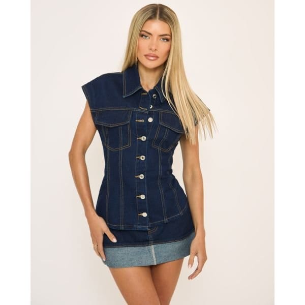 EGO Short Sleeve Button Front Collared Top In Indigo Blue Denim, Women's Size UK 6 - 2